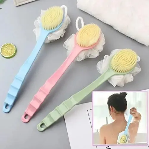 2 IN 1 loofah with handle, Bath Brush, back scrubber, Bath Brush with Soft Comfortable Bristles And Loofah with handle