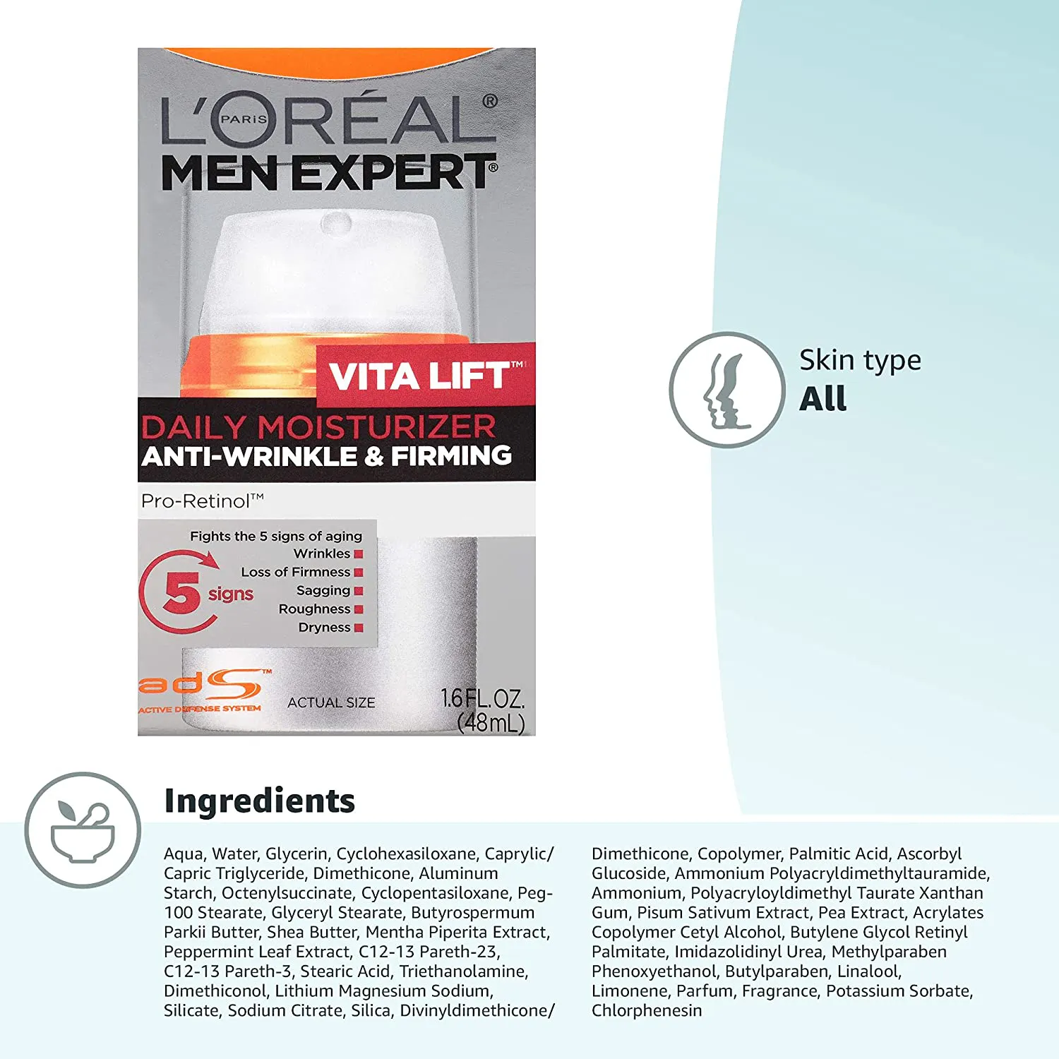 L'Oreal Men Expert Vitalift Anti-Wrinkle & Firming Face Moisturizer with Pro-Retinol, Face Moisturizer for Men, Beard and Skincare for Men, 1.6 Oz